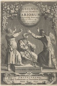 Minerva en twee geketende figuren タイトル: A. Thysius, Justinus cum notis selectissimis variorum Berneggerj, Bongarsy, Vossy, Thysy, &c, 1659