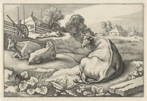 横になっている 3 頭の牛と牧草地 Diversa Animalia Quadrupedia (シリーズタイトル) 作： Reinier van Persijn