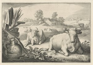 横になっている 2 頭の牛と牧草地 Diversa Animalia Quadrupedia (シリーズタイトル) 作： Reinier van Persijn