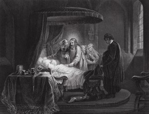 ヤイロの娘のよみがえり、マルコ、第5章、35節、42節（エングレーヴィング） 作： Rembrandt Harmensz. van Rijn (after)
