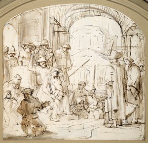 モックされたキリスト」（紙にペン、インク、ウォッシュ 作： Rembrandt Harmensz. van Rijn (school of)