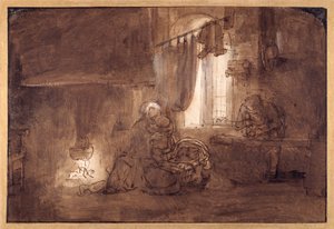 大工の店の聖家族」（紙にペン・インク・ウォッシュ 作： Rembrandt Harmensz. van Rijn (school of)