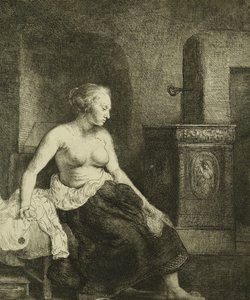 ストーブの横でハーフドレスを着た女性、1658年 作： Rembrandt van Rijn