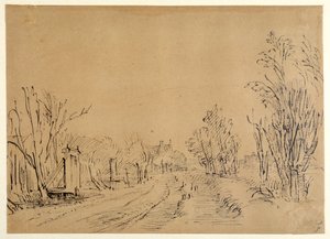 木々の間を抜けて家に向かう幹線道路（2つの橋とダイクへのゲートアクセス）（茶色の紙にペン＆インク 作： Rembrandt Harmensz. van Rijn