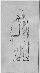 後ろから見た男性が左に向かって歩いている様子（紙にペンとインク 作： Rembrandt Harmensz. van Rijn