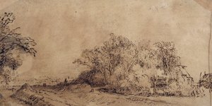 堤防に沿った荒れた道で、木が農家を隠している（紙にペンとインク、ウォッシュ 作： Rembrandt Harmensz. van Rijn