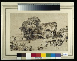 大木のそばにある茅葺きのコテージ、外に座っている人物、1648年～52年頃（紙にペンとインク 作： Rembrandt Harmensz. van Rijn