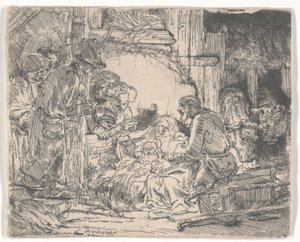 羊飼いたちのランプによる崇拝、1654年頃（エッチング） 作： Rembrandt van Rijn