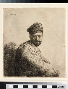 毛皮で覆われた東洋の帽子をかぶったひげを生やした男：芸術家の父 作： Rembrandt van Rijn