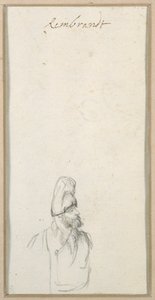 横顔のひげ面の男性、高い帽子をかぶっている、1640年頃（紙に黒チョーク 作： Rembrandt Harmensz. van Rijn