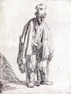 ハイキャップを被った乞食の立ち姿（紙にペン＆インク） 作： Rembrandt Harmensz. van Rijn