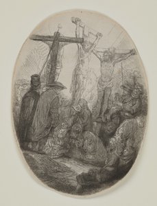 2人の泥棒の間で十字架につけられたキリスト：楕円形のプレート、c.1641（エッチングとドライポイント） 作： Rembrandt van Rijn