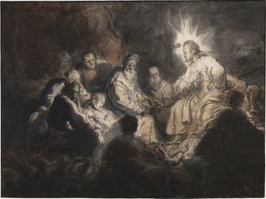 レンブラント・ファン・ライン（1606-1669）によるゲッセマネの園のキリストとその弟子たち。 ペン、ブラシ、灰色と茶色、紙に水彩、1634年頃。寸法: 35,7x47,8 cm。 タイラーズ美術館、ハーレム