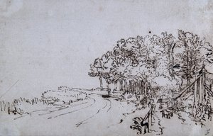 トロンペンブルクの近くにあるアムステルダイクの頭頂部の雑木林、1649年頃（紙にペンとインク 作： Rembrandt Harmensz. van Rijn