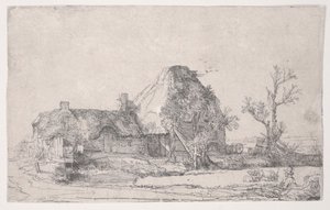 男がスケッチしたコテージと農場の建物、1645年頃（エッチング） 作： Rembrandt van Rijn