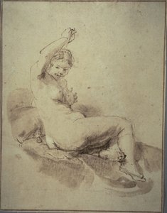 腕を上げてリクライニングする女性ヌード、1665年頃（ペンと茶色のインクとブラシと茶色のウォッシュ、黄褐色の紙の上）