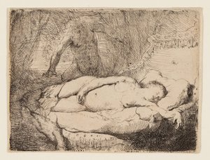 木星とアンティオペ: 小さい方のプレート、1631 年頃 (バフレイト紙にエッチング) 作： Rembrandt Harmensz. van Rijn