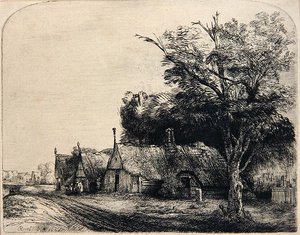 三つの小屋のある風景」（銅版画）