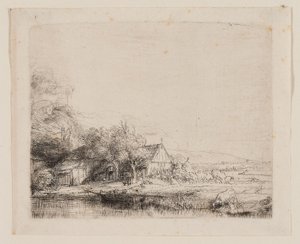 牛を飲む風景、1650年頃（アイボリーの紙にエッチングとドライポイント） 作： Rembrandt Harmensz. van Rijn