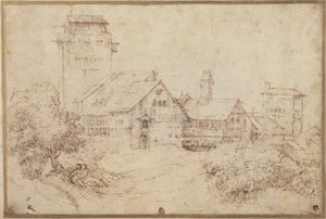 建物と恋人たちが抱き合っている風景、ティツィアーノの後（ペン・茶インク・赤チョーク・紙 作： Rembrandt Harmensz. van Rijn
