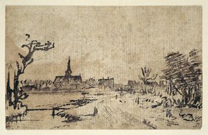 背景にアムステルフェーンの村がある水のある風景、1654-55年頃（ペンとインク、ブラウンウォッシュ 作： Rembrandt Harmensz. van Rijn