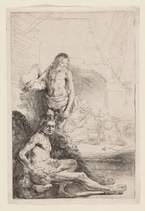 男性ヌード着席および立位、1646年頃（アイボリー敷き紙にエッチング） 作： Rembrandt Harmensz. van Rijn