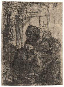 コテージに座る老女と壁にかけられたタマネギの紐 1629年頃（エッチング） 作： Rembrandt Harmensz. van Rijn