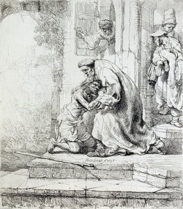 放蕩息子の帰還（紙にペンとインク） 作： Rembrandt van Rijn