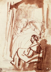 ベッドに横たわるSaskiaと、その足元に座る女性 作： Rembrandt Harmensz. van Rijn