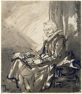 膝の上に開いた本を載せた坐った女 1639年頃 （ペン、褐色インク、褐色ウォッシュ） 作： レンブラント・ハルメンシュ。ファン・レイン