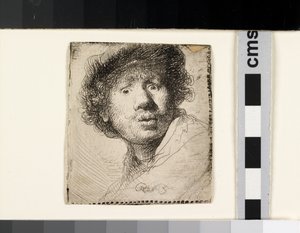 帽子をかぶった自画像、口を開けて 作： Rembrandt van Rijn