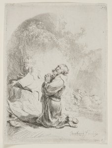 聖ジェロームの祈り：アーチ型のプリント 作： Rembrandt van Rijn