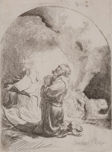 聖ジェロームの祈り：アーチ型のプリント 作： Rembrandt van Rijn