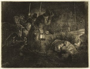 羊飼いの崇拝：夜の作品、1657年頃（紙にエッチング） 作： Rembrandt Harmensz. van Rijn