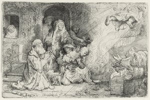 トビアスの家族から出発する天使（紙にペンとインク） 作： Rembrandt van Rijn