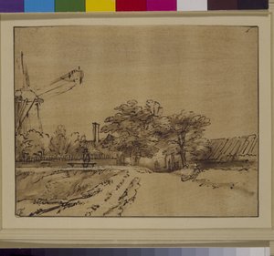 シント・アントニスポールトの防波堤の風車、アムステルダム、1650年頃（紙にペンとインク 作： Rembrandt Harmensz. van Rijn