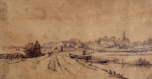 スロテンの眺め」1650年頃（紙にペンとインク、茶色の水彩画 作： Rembrandt Harmensz. van Rijn