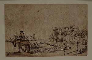 アムステル川の眺め、馬が船を牽引している様子、1650年頃（紙にペンとインク、ブラウンウォッシュ 作： Rembrandt Harmensz. van Rijn