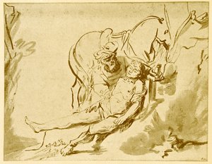 負傷者を調べる善きサマリア人 作： Rembrandt van Rijn