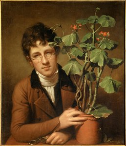 ゼラニウムを持つ画家ルーベンス・ピール（1784-1864）の肖像 レンブラント・ピール（1778-1860）の絵画（ec.amer.） 1801年 Collection privee - ゼラニウムを持つ画家ルーベンス・ピール（1784-1864）の肖像 - レンブラント・ピール（1778-1860）の絵画 油彩