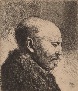 横顔のハゲ男 芸術家の父、1630年。 作： Rembrandt van Rijn