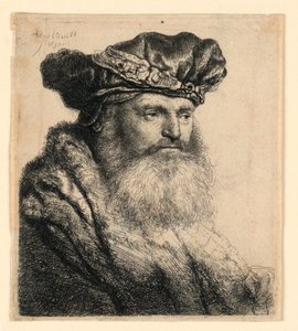 ジュエルクラスプ付きのベルベットの帽子をかぶったひげを生やした男 作： Rembrandt van Rijn