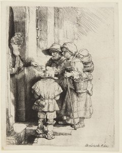 施しを受ける盲目のハーディ・ガーディ奏者とその家族 作： Rembrandt van Rijn
