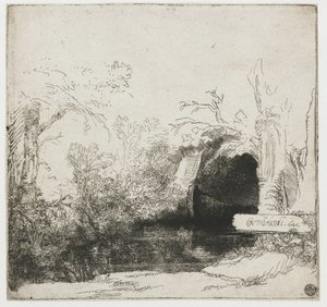 洞窟とボートのある小川 (‘Het spelonkje’) 洞窟とボートのある小川 作： Rembrandt van Rijn