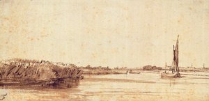 Nieuwe Meerの帆船のある川 作： Rembrandt van Rijn