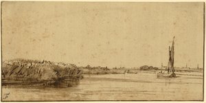 広大な水域に広がる帆船、1650年頃（ペンと茶色のインクと茶色のウォッシュ、色付き紙） 作： Rembrandt van Rijn