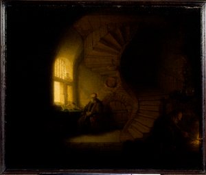 瞑想中の哲学者 ハーメンスゾーン・ファン・レインの絵 このレンブラント（1606-1669）1632年日。0.28x0.34 m パリ、ルーヴル美術館 作： Rembrandt van Rijn