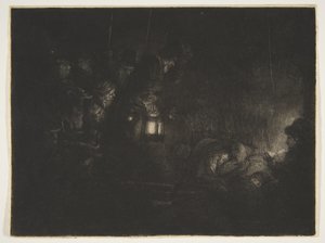 羊飼いの崇拝：ナイトピース、ca。 1657年。 作： Rembrandt van Rijn