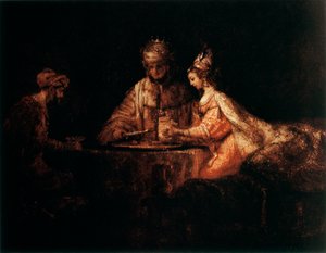 アシュエルス、ハマンとエステル、1660 作： Rembrandt van Rijn