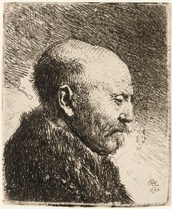 横顔右の禿頭の男: レンブラントの父 1630 年。 作： Rembrandt van Rijn